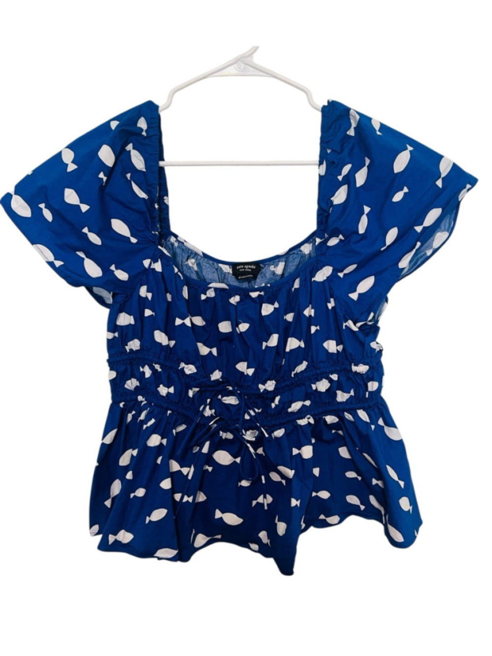Kate Spade Peplum Fish Top Womens XL Blue White Smocked Tie Coastal Beach Blouse